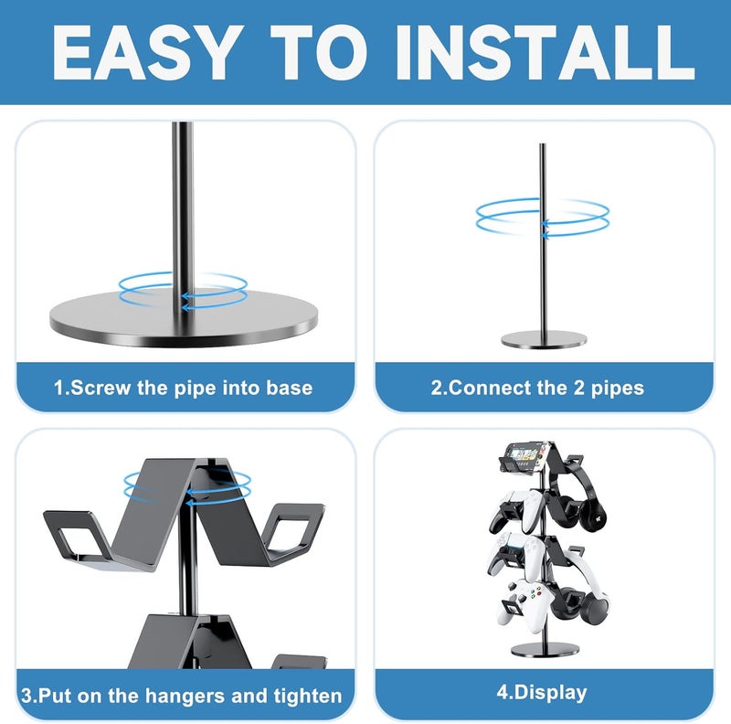 Karanava Controller Holder 4 Tier,Headphone Stand - Adjustable Headset Holder for Xbox PS5 PS4 Switch Pro - Gaming Accessories Storage for Gamer,Desk/Floor(Black) - Image 4